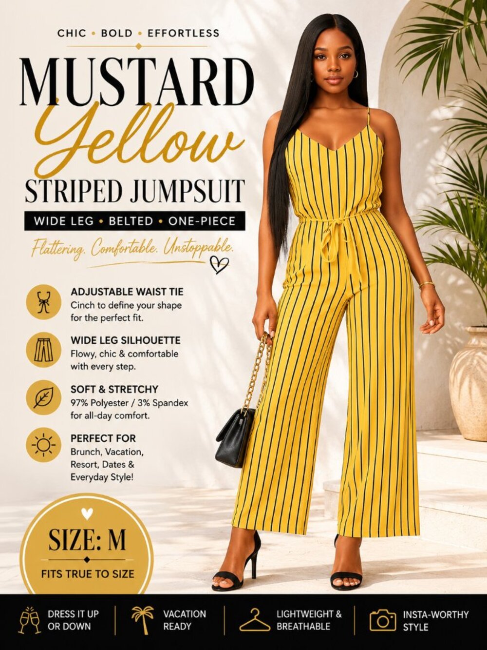 Mustard Yellow Striped Wide Leg Belted Jumpsuit Size M